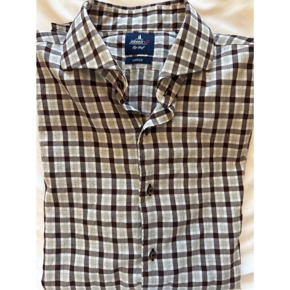 Johnnie-O Top Shelf Mens Large Brown Gingham Check Long Sleeve Button Down Shirt
